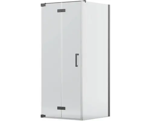 Drehfalttür mit Seitenwand Jungborn Sette 750x750 mm Festteil rechts Echtglas Klar hell schwarz mit schmutzabweisender Glasbeschichtung und Stangengriff