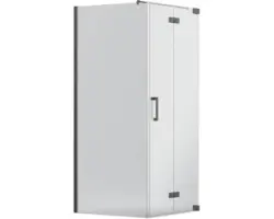 Drehfalttür mit Seitenwand Jungborn Sette 750x750 mm Festteil links Echtglas Klar hell schwarz mit schmutzabweisender Glasbeschichutung und Stangengriff