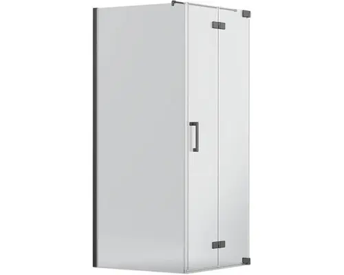 Drehfalttür mit Seitenwand Jungborn Sette 750x750 mm Festteil links Echtglas Klar hell schwarz mit schmutzabweisender Glasbeschichutung und Stangengriff