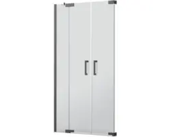 Pendeltür für Nische Jungborn Sette 1400x2000 mm Festteil links Echtglas Klar hell schwarz mit schmutzabweisender Glasbeschichtung und Stangengriff