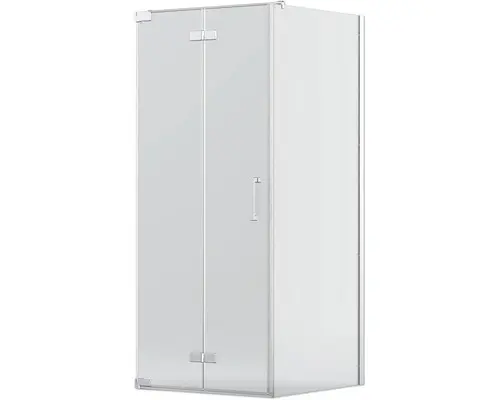 Drehfalttür mit Seitenwand Jungborn Sette 900x900 mm Festteil rechts Echtglas Klar hell silber mit schmutzabweisender Glasbeschichtung und Stangengriff