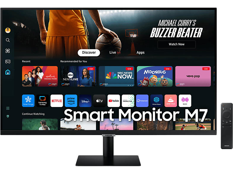 Samsung Smart Monitor M7 mit Fernbedienung, UHD 4K, 32 Zoll, Tizen OS, 4ms GtG, 10W Audio, HDR10, USB-C (65W PD), WiFi + BT, Schwarz