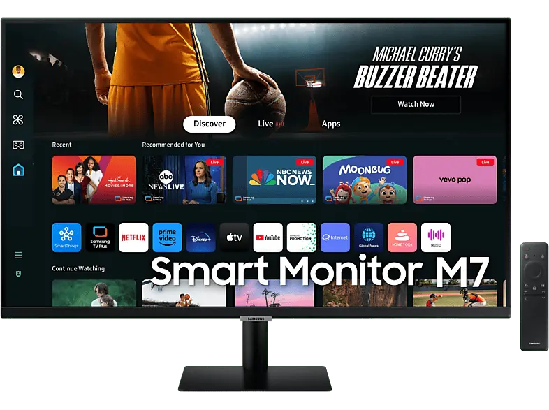 Samsung Smart Monitor M7 mit Fernbedienung, UHD 4K, 32 Zoll, Tizen OS, 4ms GtG, 10W Audio, HDR10, USB-C (65W PD), WiFi + BT, Schwarz