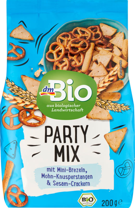 dmBio Party Mix, Mini-Brezeln, Mohn-Knusperstangen & Sesam-Crackern