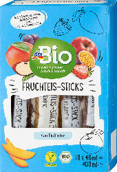 dmBio Fruchteis-Sticks Frucht-Wassereis auf Saftbasis 3 Sorten (Exotic / Apfel-Holunderblüte / Apfel-Erdbeere)