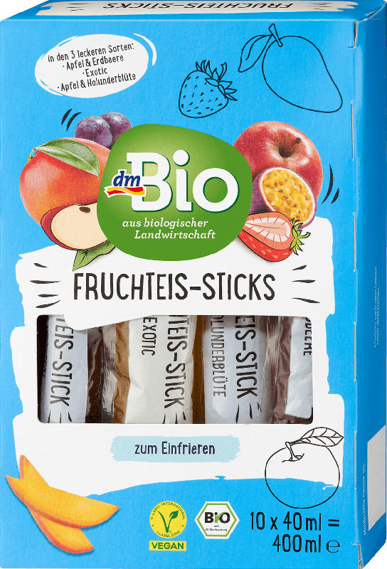 dmBio Fruchteis-Sticks Frucht-Wassereis auf Saftbasis 3 Sorten (Exotic / Apfel-Holunderblüte / Apfel-Erdbeere)