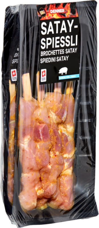 Brochettes satay BBQ Denner, Porc, 4 x 2 x env. 60 g, les 100 g