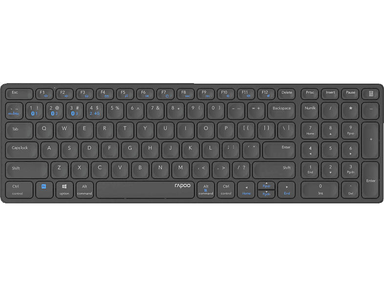 Rapoo E9700M Tastatur, Multi-Mode, Bluetooth/USB 2.4GHz, QWERTZ, Aluminium, Dunkelgrau