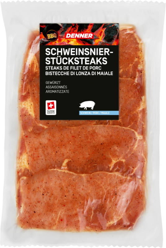 Denner BBQ Schweinsnierstücksteaks, gewürzt, 4 x ca. 150 g, per 100 g