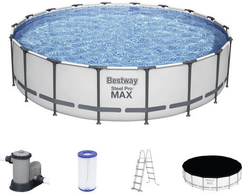 Aufstellpool Framepool-Set Bestway Steel Pro MAX™ rund Ø 549x122 cm inkl. Kartuschenfilteranlage, Leiter & Abdeckplane grau