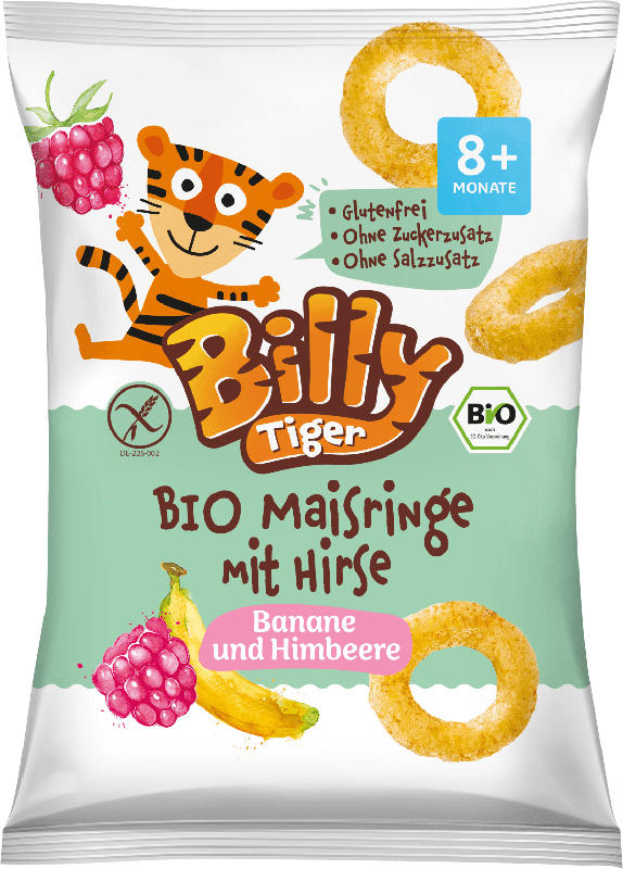 Billy Tiger Kindersnack Maisringe mit Hirse, Banane und Himbeere, ab 8 Monaten