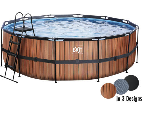 Aufstellpool Framepool-Set EXIT WoodPool rund Ø 450x122 cm inkl. Sandfilteranlage & Leiter Holzoptik