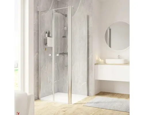 Pendeltüre mit Seitenwand Schulte ExpressPlus Garant 2.0 900x900x2000 mm Türanschlag links Seitenwandanschlag rechts Echtglas Klar hell chrom