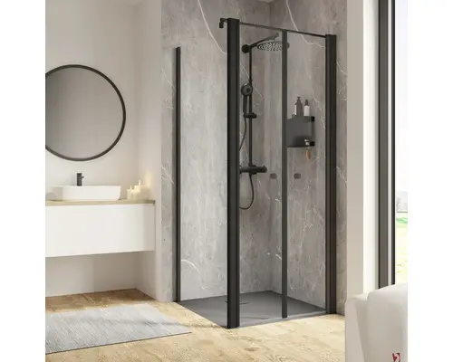 Pendeltüre mit Seitenwand Schulte ExpressPlus Garant 2.0 800x800x2000 mm Türanschlag rechts Seitenwandanschlag links Echtglas Klar hell schwarz