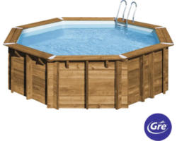 Aufstellpool Holzpool-Set Gre rund Ø 428x117 cm inkl. Sandfilteranlage, Skimmer, Leiter & Bodenschutzvlies grau