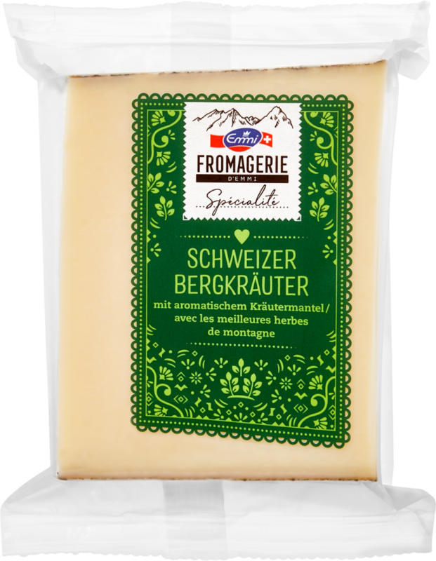 Formaggio a pasta semidura Erbe di montagna svizzere Emmi, con rivestimento alle erbe aromatiche, 200 g