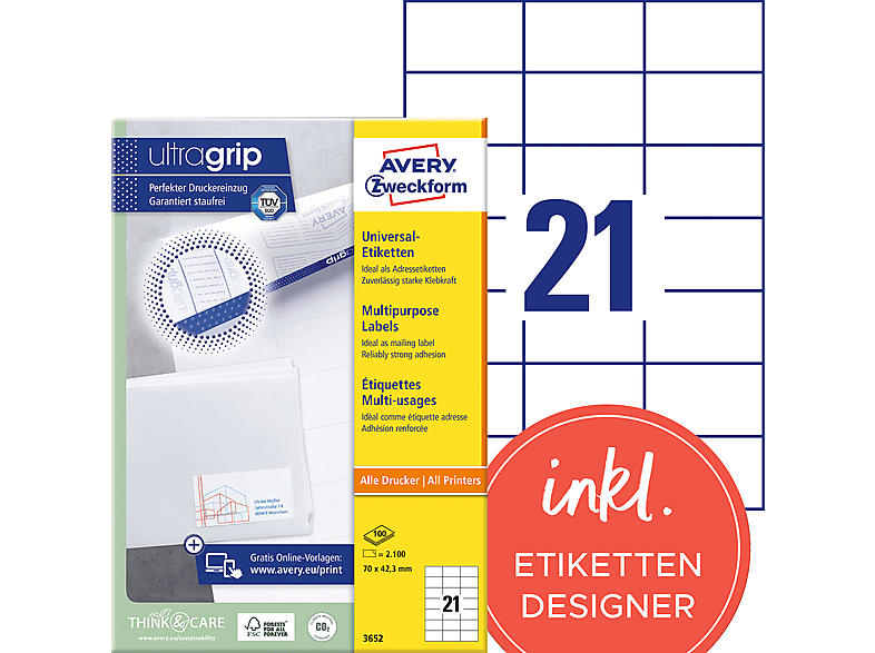 Avery ZWECKforM Universal-Etiketten, ultragrip, 70 x 42,3 mm,100 Bogen/2.100 Etiketten, weiß (3652)