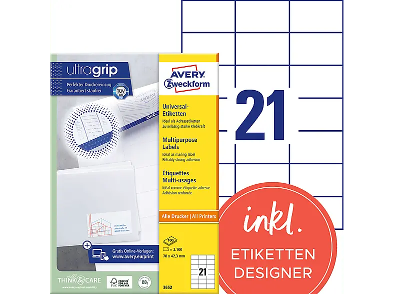 Avery ZWECKforM Universal-Etiketten, ultragrip, 70 x 42,3 mm,100 Bogen/2.100 Etiketten, weiß (3652)