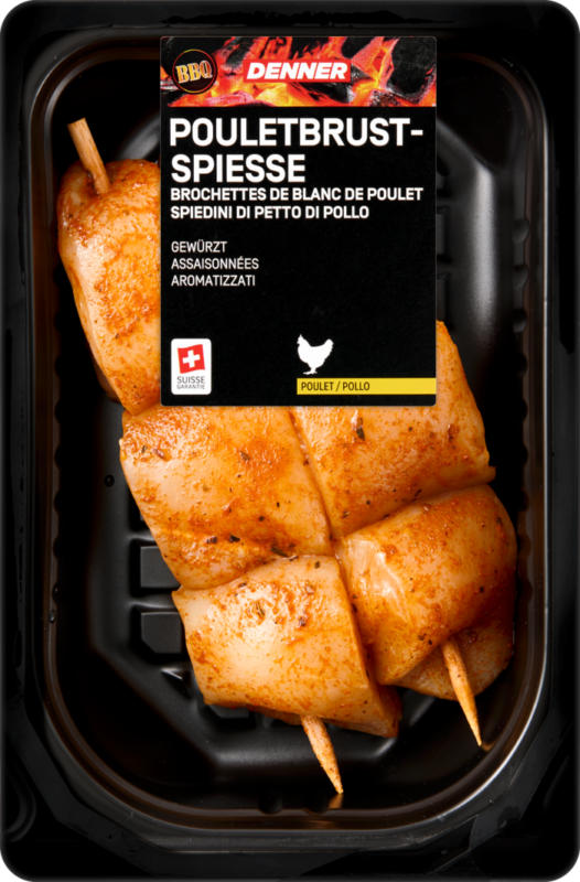 Spiedini di petto di pollo BBQ Denner , aromatizzati, ca. 300 g, per 100 g