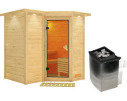 Elementsauna Karibu Melanit 1 ink.9 kW Ofen u.integr.Steuerung mit Dachkranz und bronzierter Ganzglastüre