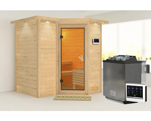 Elementsauna Karibu Melanit 1 ink.9 kW Ofen u.ext.Steuerung mit Dachkranz und bronzierter Ganzglastüre