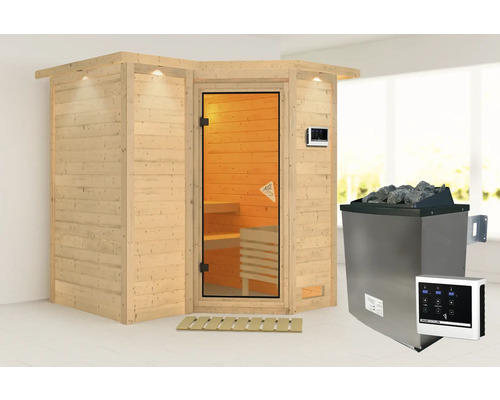 Elementsauna Karibu Melanit 1 ink.9 kW Bio Ofen u.ext.Steuerung mit Dachkranz und bronzierter Ganzglastüre