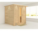 Hornbach Massivholzsauna Karibu Wojave ohne Ofen mit Dachkranz und Holztüre mit Isolierglas wärmegedämmt