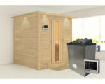 Hornbach Massivholzsauna Karibu Wojave inkl. 9 kW Ofen u.ext.Steuerung mit Dachkranz und Holztüre mit Isolierglas wärmegedämmt