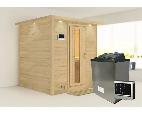 Massivholzsauna Karibu Wojave inkl. 9 kW Ofen u.ext.Steuerung mit Dachkranz und Holztüre mit Isolierglas wärmegedämmt