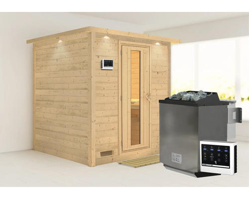 Massivholzsauna Karibu Wojave inkl. 9 kW Bio Ofen u.ext.Steuerung mit Dachkranz und Holztüre mit Isolierglas wärmegedämmt