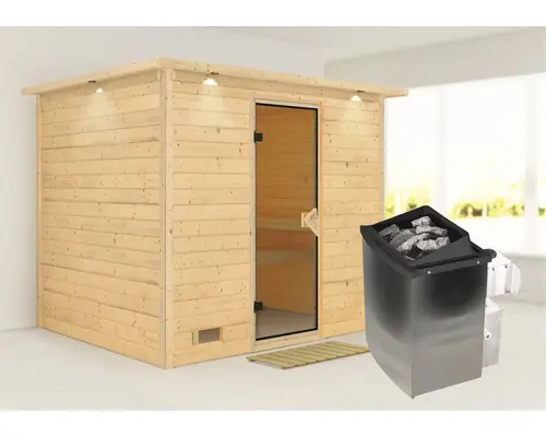 Massivholzsauna Karibu Coral inkl. 9 kW Ofen u.integr.Steuerung mit Dachkranz und bronzierter Ganzglastür