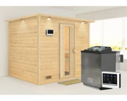 Massivholzsauna Karibu Coral inkl. 9 kW Bio Ofen u.ext.Steuerung mit Dachkranz und Holztür mit Isolierglas wärmegedämmt