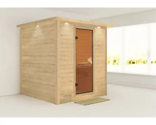 Massivholzsauna Karibu Wojave ohne Ofen mit Dachkranz und bronzierter Ganzglastüre