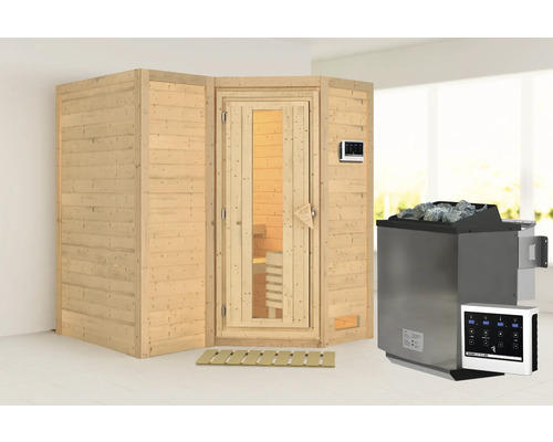 Elementsauna Karibu Melanit 1 inkl.9 kW Bio Ofen u.ext.Steuerung ohne Dachkranz mit Holztüre und Isolierglas wärmegedämmt