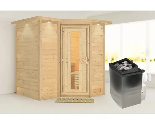 Elementsauna Karibu Melanit 1 inkl.9 kW Ofen u.integr.Steuerung mit Dachkranz und Holztüre mit Isolierglas wärmegedämmt