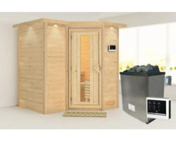 Elementsauna Karibu Melanit 1 inkl.9 kW Ofen u.ext.Steuerung mit Dachkranz und Holztüre mit Isolierglas wärmegedämmt