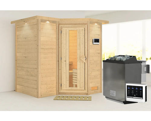 Elementsauna Karibu Melanit 1 inkl.9 kW Bio Ofen u.ext.Steuerung mit Dachkranz und Holztüre mit Isolierglas wärmegedämmt