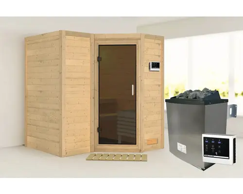 Elementsauna Karibu Melanit 1 inkl.9 kW Ofen u.ext.Steuerung ohne Dachkranz und graphitfarbiger Ganzglastüre