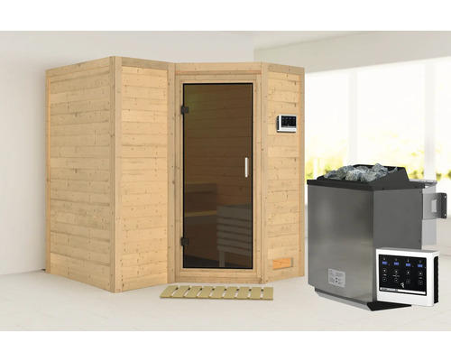 Elementsauna Karibu Melanit 1 inkl.9 kW Bio Ofen u.ext.Steuerung ohne Dachkranz und graphitfarbiger Ganzglastüre