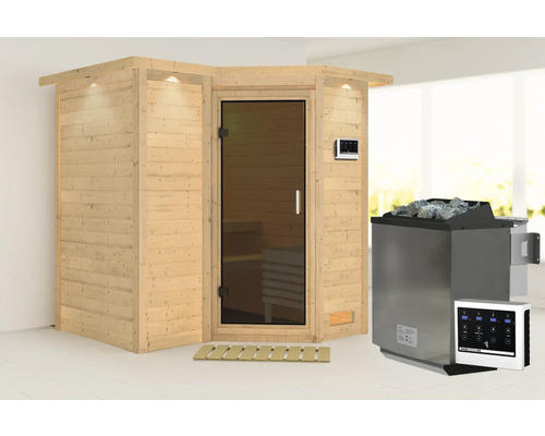 Elementsauna Karibu Melanit 1 inkl.9 kW Bio Ofen u.ext.Steuerung mit Dachkranz und graphitfarbiger Ganzglastüre