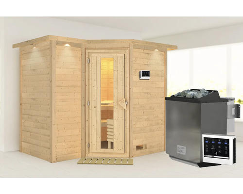 Massivholzsauna Karibu Melanit 2 inkl. 9 kW Bio Ofen u.ext.Steuerung mit Dachkranz und Holztüre mit Isolierglas wärmegedämmt