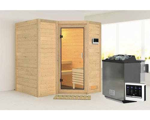 Elementsauna Karibu Melanit 1 inkl.9 kW Bio Ofen u.ext.Steuerung ohne Dachkranz und Ganzglastüre aus Klarglas