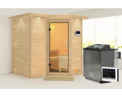 Elementsauna Karibu Melanit 1 inkl.9 kW Bio Ofen u.ext.Steuerung mit Dachkranz und Ganzglastüre aus Klarglas