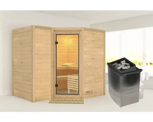 Massivholzsauna Karibu Melanit 2 inkl. 9 kW Ofen u.integr.Steuerung ohne Dachkranz mit Ganzglastüre aus Klarglas