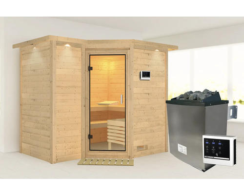 Elementsauna Karibu Melanit 2 inkl. 9 kW Ofen u.ext.Steuerung mit Dachkranz und Ganzglastüre aus Klarglas