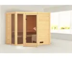 Hornbach Elementsauna Karibu Tamara ohne Ofen mit Dachkranz und bronzierter Ganzglastüre