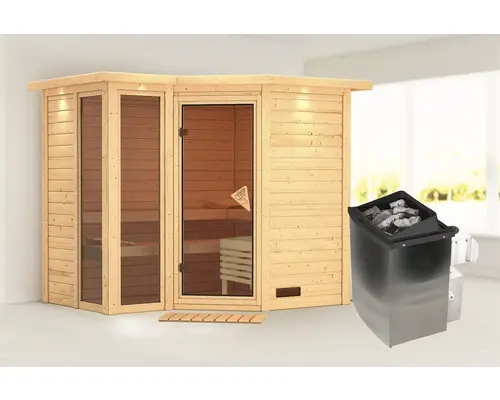Elementsauna Karibu Limonit inkl. 9 kW Ofen u.integr.Steuerung mit Dachkranz und bronzierter Ganzglastüre