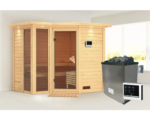 Elementsauna Karibu Limonit inkl. 9 kW Ofen u.ext.Steuerung mit Dachkranz und bronzierter Ganzglastüre