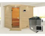 Hornbach Massivholzsauna Karibu Kanami inkl. 9 kW Ofen u.ext.Steuerung mit Dachkranz und bronzierter Ganzglastüre