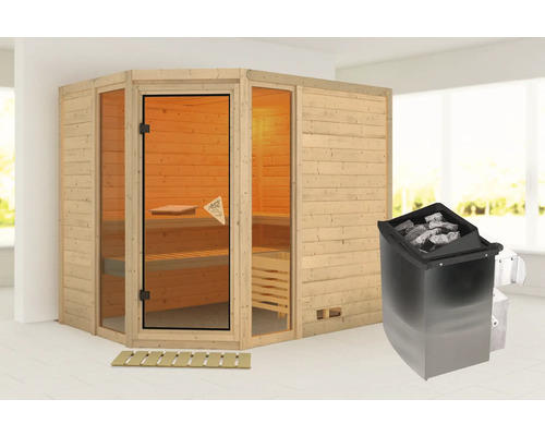 Elementsauna Karibu Tinai 3 inkl. 9 kW Ofen u.integr.Steuerung ohne Dachkranz mit bronzierter Ganzglastüre